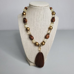 Wood‎ Beaded Necklace Gold Tone Statement Pendant C